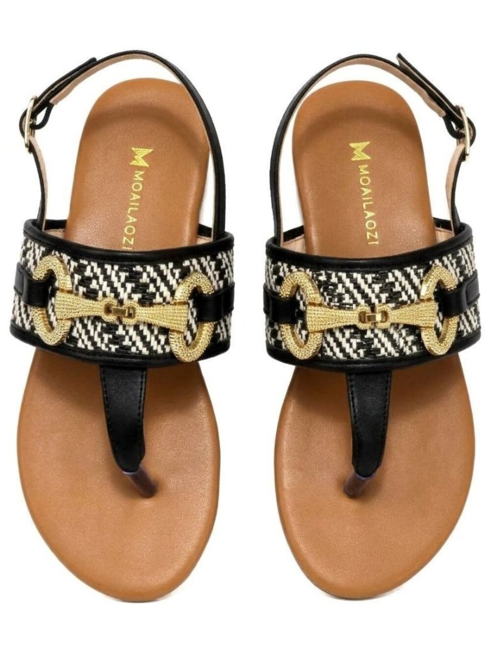 Moailaozi Size 9 Sandals Flat Open-Toe Black White Ankle Strap Memory Foam